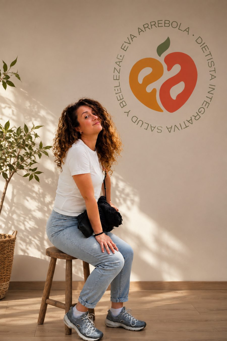Eva Arrebola sonriendo, sentada en un taburete de madera junto a una planta, con el logo de su marca en la pared.
